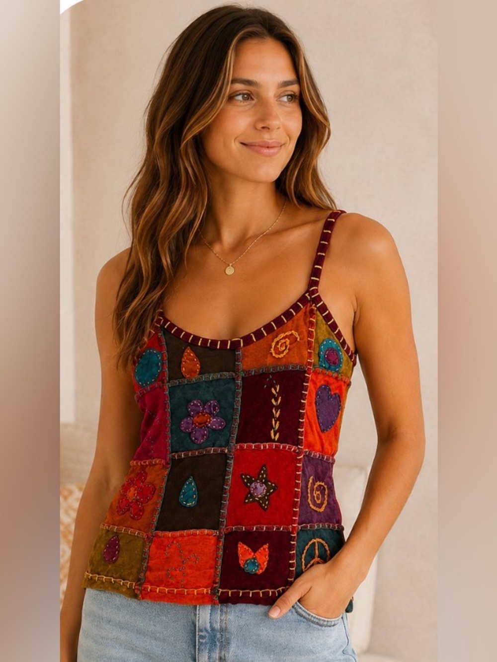 Yak & Yeti Boho Patchwork Embroidered Tank Top - Size S/M